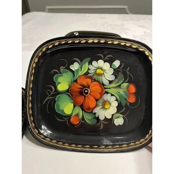 5 Vintage Zhostovo Soviet Russian Hand Painted Flowers Toleware Trays Yeha 8x6” - Picture 15 of 15